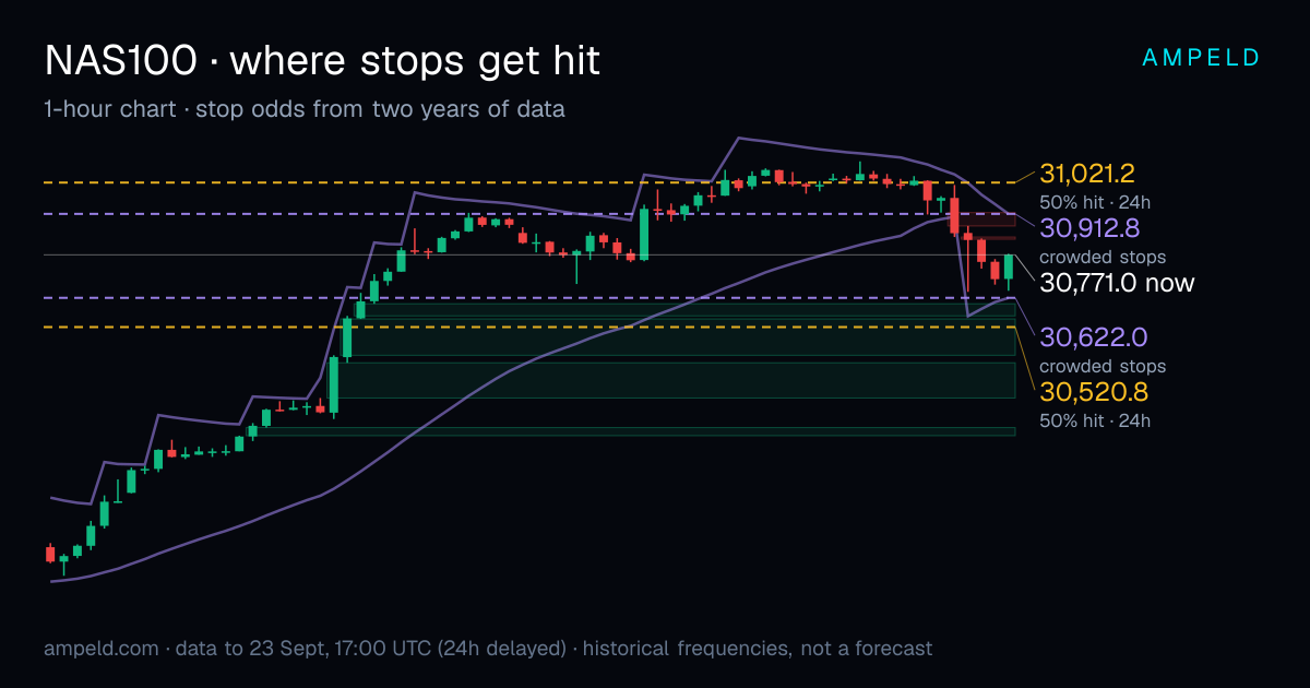 Nasdaq-100 (NAS100) 1-hour chart with crowded stop levels and the lines where stops were hit half and a third of the time