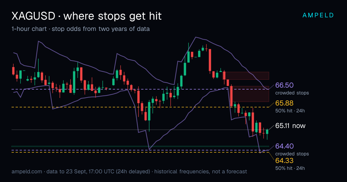 Silver (XAG/USD) 1-hour chart with crowded stop levels and the lines where stops were hit half and a third of the time